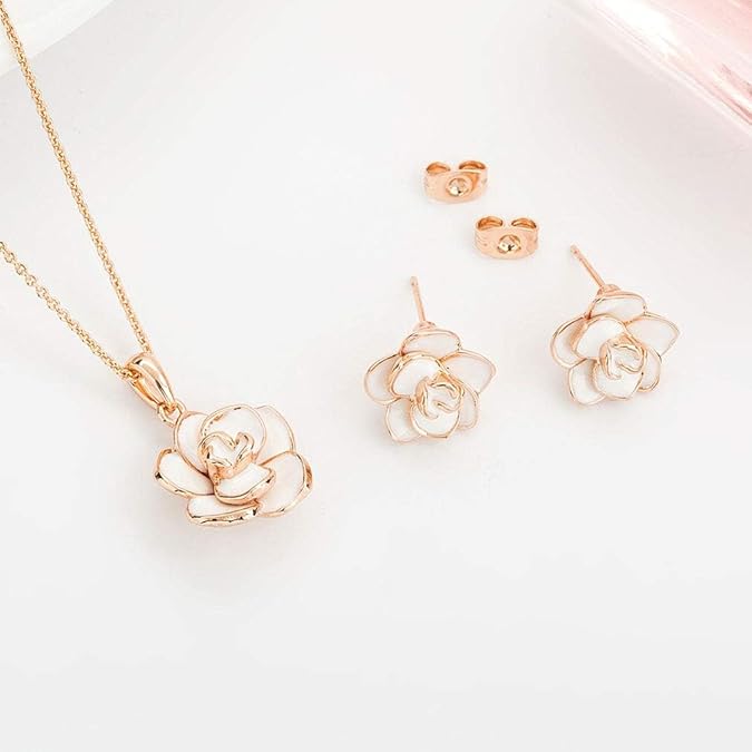 Crystalline Azuria Women 18K Gold Plated White Crystal Roses Flowers Necklace and Earrings Set for Women Wedding Party Bridal Bridesmaid Accessories