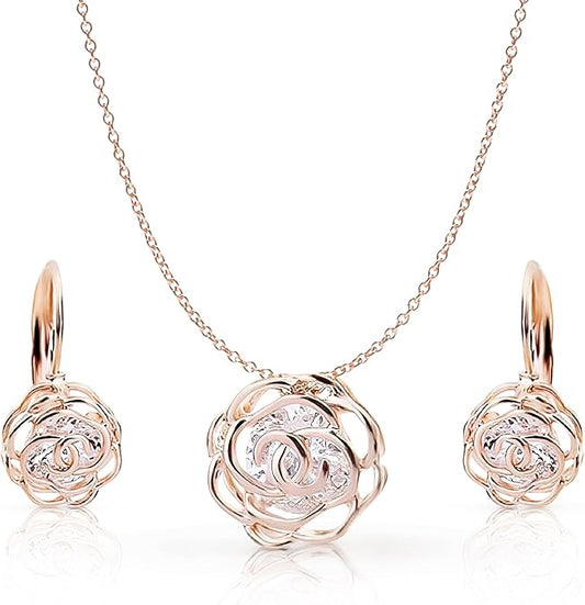 WAROVSKI Sparkling Dance Clover Necklace, Earrings, and Bracelet Jewelry Collection, Rose Gold Tone Finish, Pink Crystals, Clear Crystals